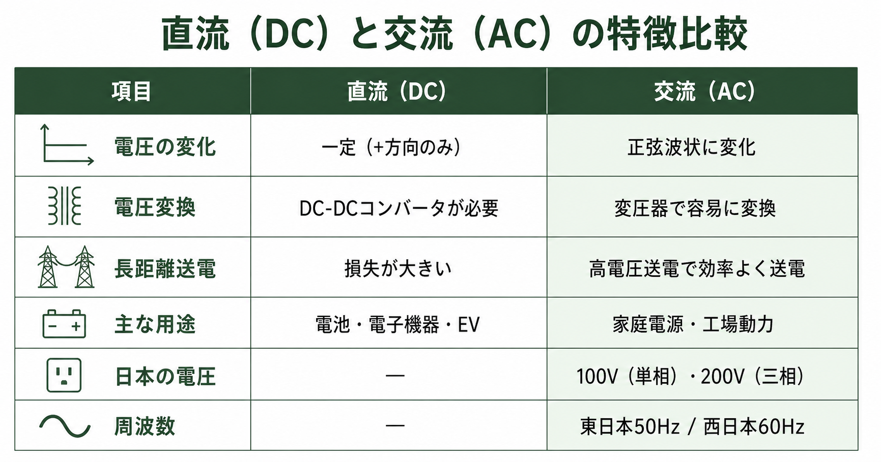 直流と交流の特徴比較表：電圧変動・変換容易性・用途・代表例