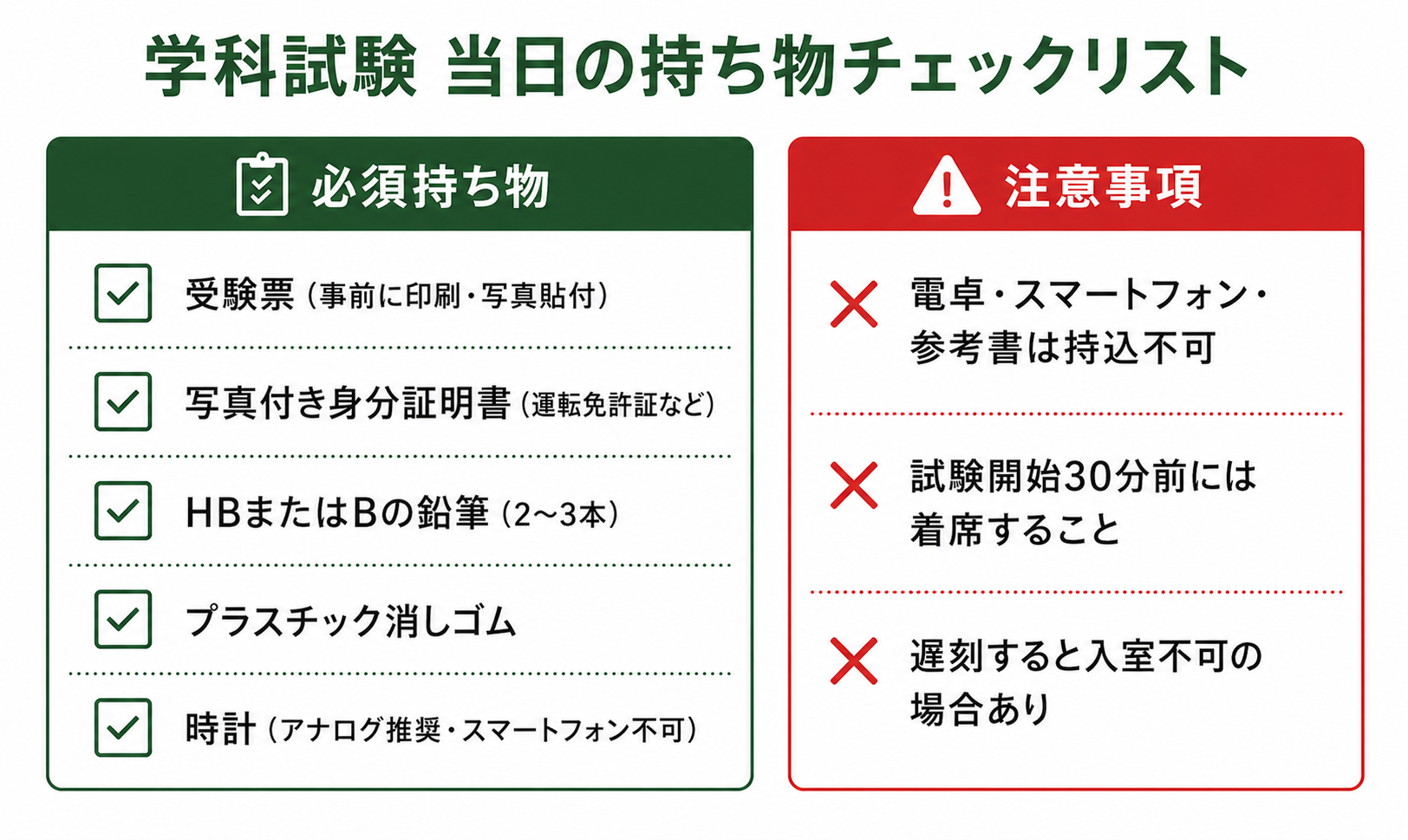 試験当日の持ち物チェックリスト表：受験票・筆記用具・電卓不可などの注意点