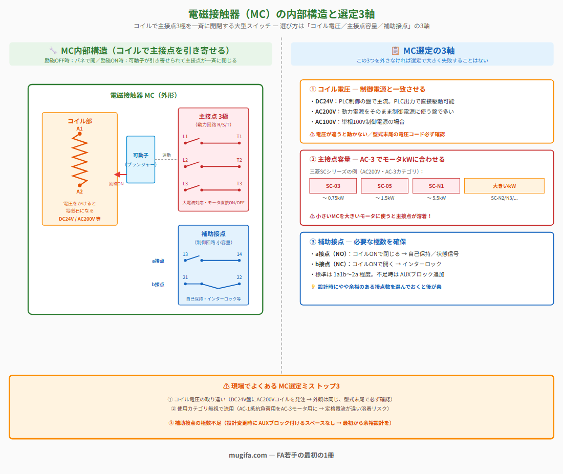 電磁接触器（MC）の内部構造と選定3軸の図解。左：MC外形内にコイル部（A1/A2端子と巻線記号、DC24V/AC200V等）・可動子（励磁ON時に引き寄せられる）・主接点3極（L1-T1/L2-T2/L3-T3 大電流対応）・補助接点（a接点13-14とb接点21-22、自己保持/インターロック用）の機能ブロック表示。右：選定3軸まとめ（①コイル電圧 制御電源と一致／②主接点容量 AC-3でモータkWに合わせる SC-03〜N1早見表／③補助接点 a/b使い分けと余裕設計）。下部に現場でよくあるMC選定ミストップ3の警告枠。