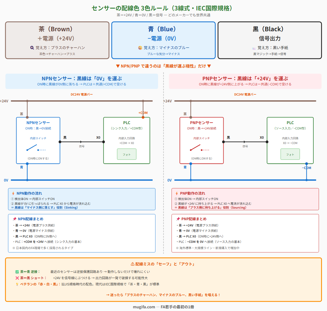 3線式センサーの配線色3色ルール解説図。茶＝+24V（プラスのチャーハン）、青＝0V（マイナスのブルー）、黒＝信号（黒い手紙）の国際規格IEC配色。NPNセンサーは黒線が0V側に落ちPLCの+COMで受ける、PNPセンサーは黒線が+24V側に上がりPLCの-COMで受ける配線対比図。逆接保護とNG配線パターンも図示。